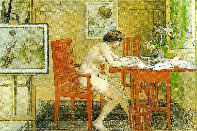 Carl Larsson modellen skriver vykort oil painting image